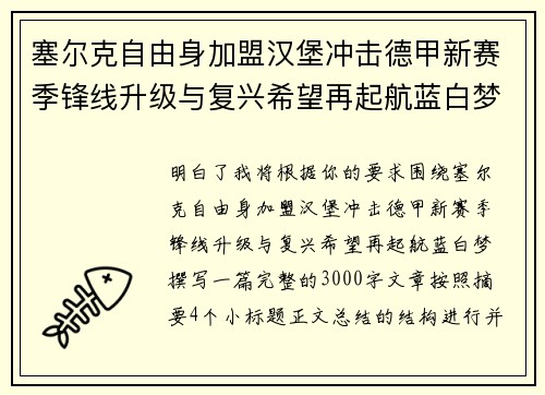 塞尔克自由身加盟汉堡冲击德甲新赛季锋线升级与复兴希望再起航蓝白梦 塞尔克自由身加盟汉堡冲击德甲新赛季锋线升级与复兴希望再起航蓝白梦
